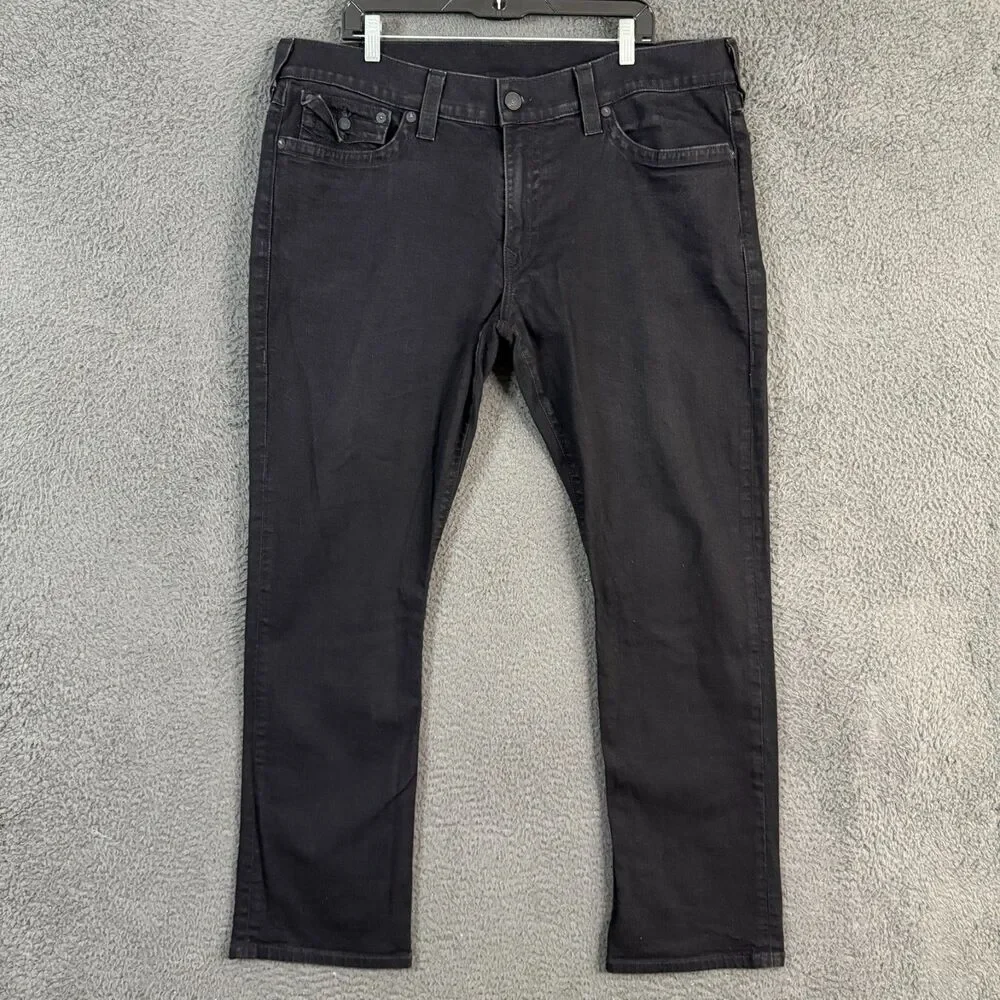 True Religion Jeans Mens 42x31 Black Ricky Relaxed Straight Fit Stretch Denim